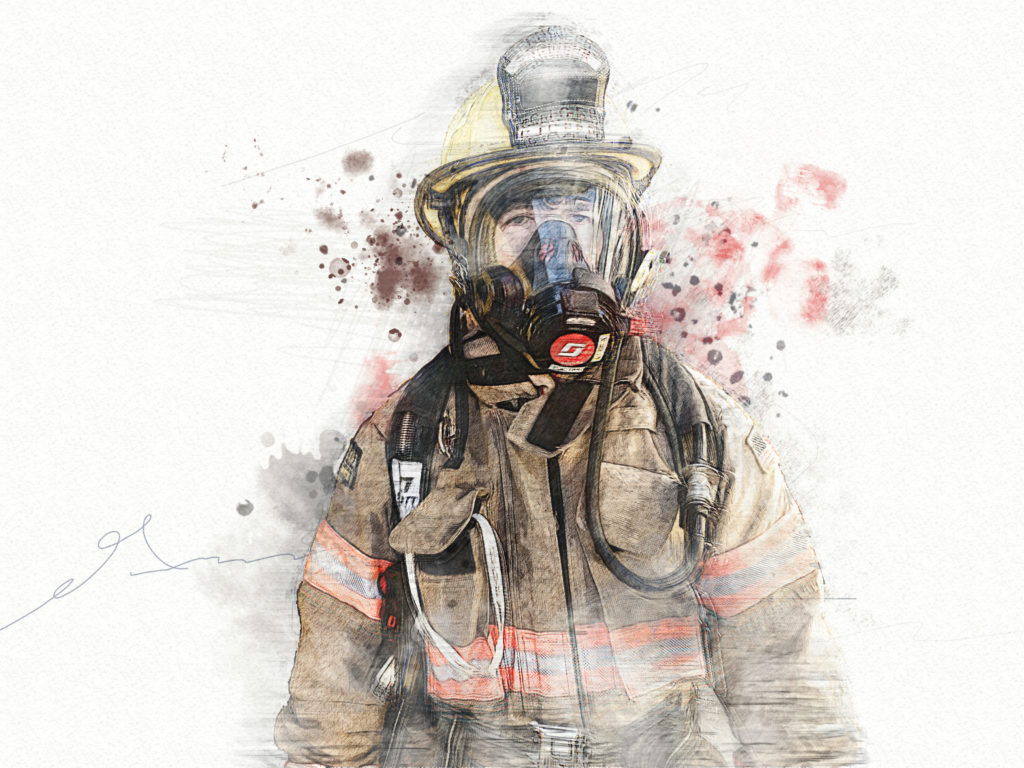 A stylized illustration of a firefighter in full gear wearing an SCBA mask.